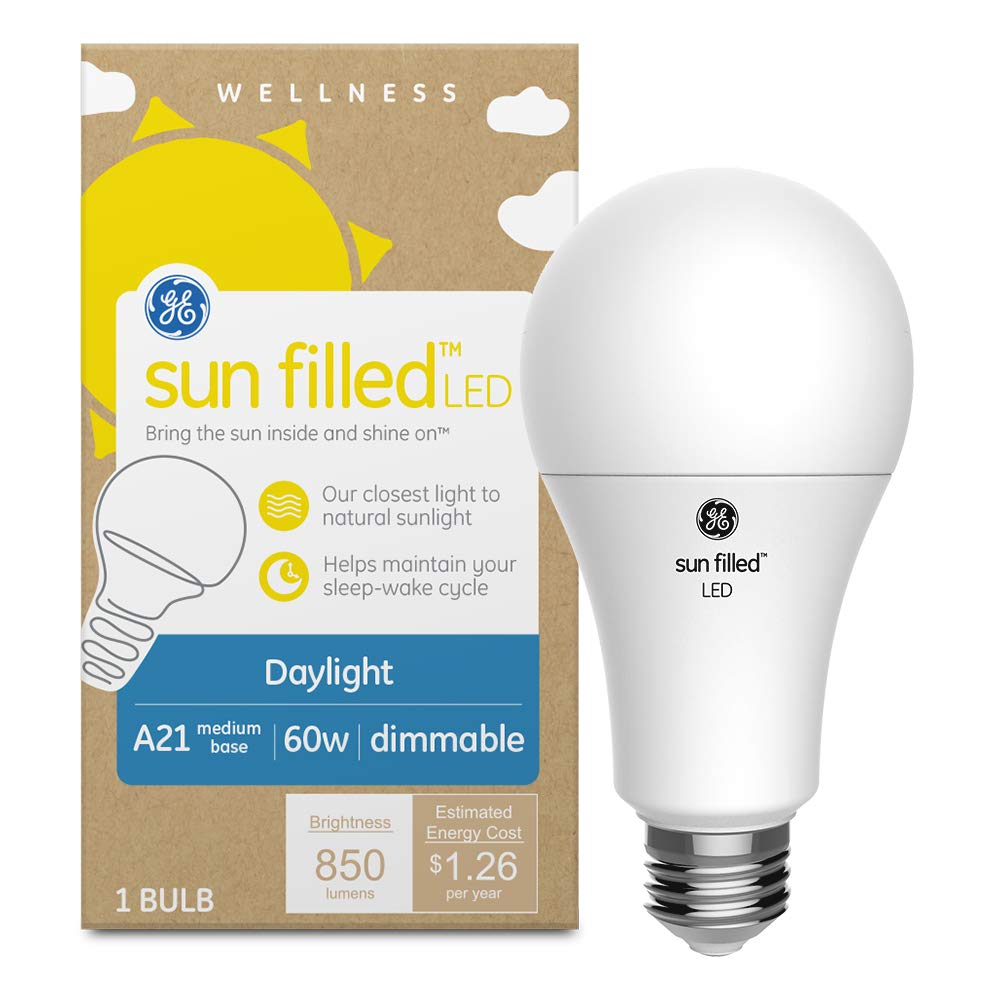 61ktXlFfThL GE Lighting Sun Filled LED Light Bulb, 60 Watt Replacement, Daylight, Medium Base, Dimmable (Pack of 1) - Image 1