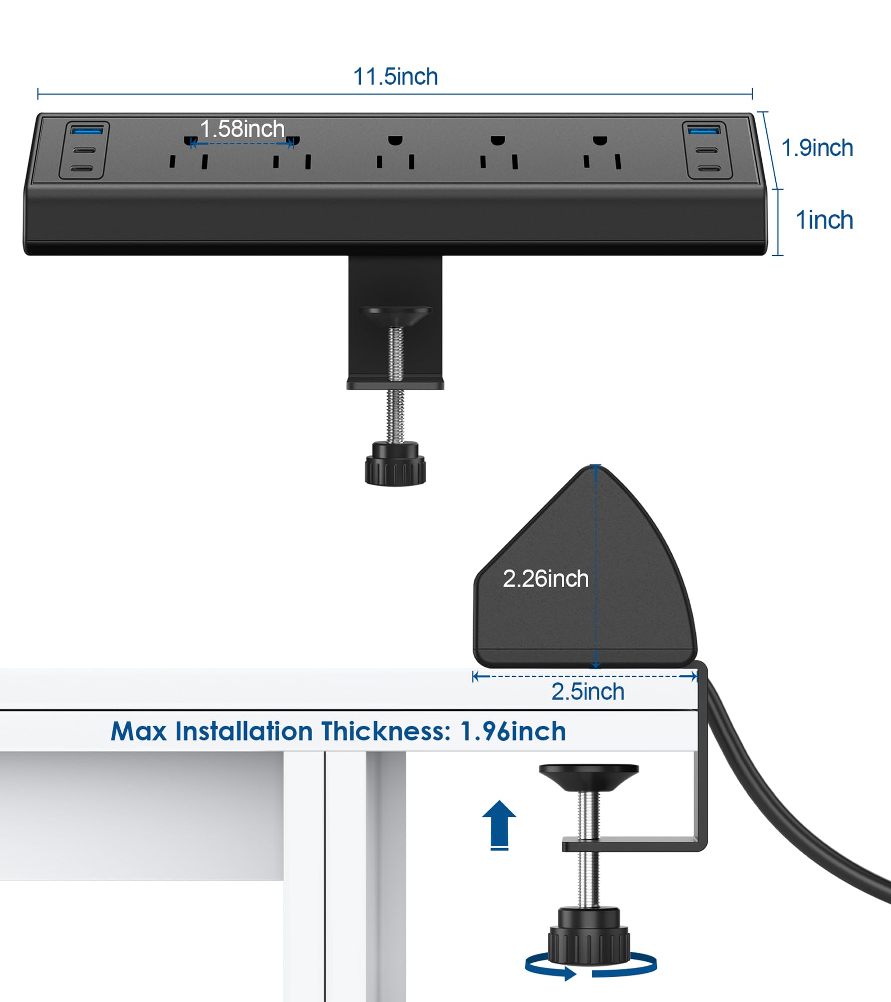 Jgstkcity Desk Clamp Power Strip USB C,40W Total Fast Charging Station,4 PD 20W USB C Ports,Desk Edge Mount Surge Protector,5 Outlets,Fit 1.96" Tabletop Edge,ETL Listed