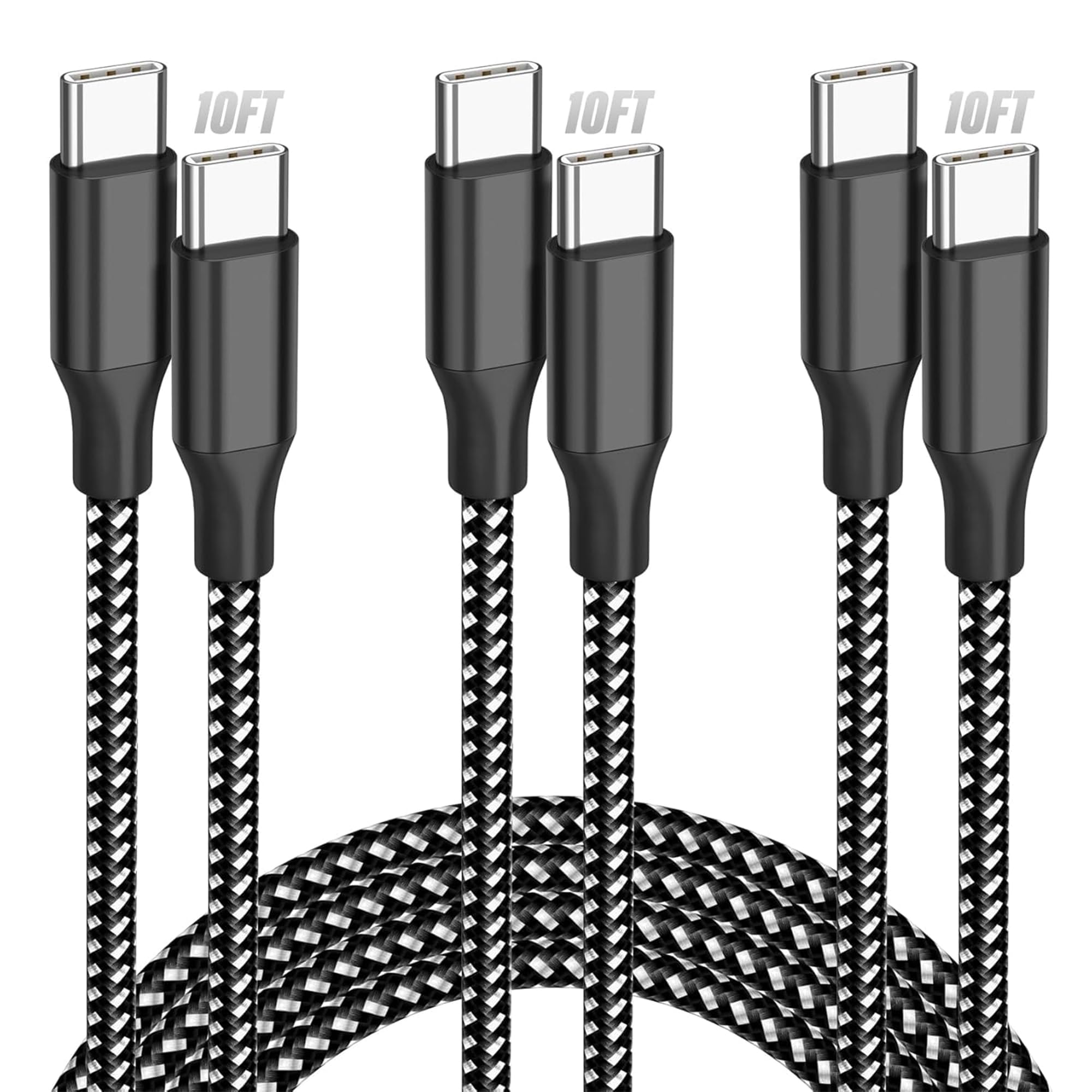 Bkayp USB C Cable 10ft 3-Pack, 60W Fast Charging Type C to Type C Charger Cord, Durable Braided Nylon Data Sync Cable Compatible with iPhone 17/16/15 Pro Max Plus, iPad Pro Air, MacBook and More